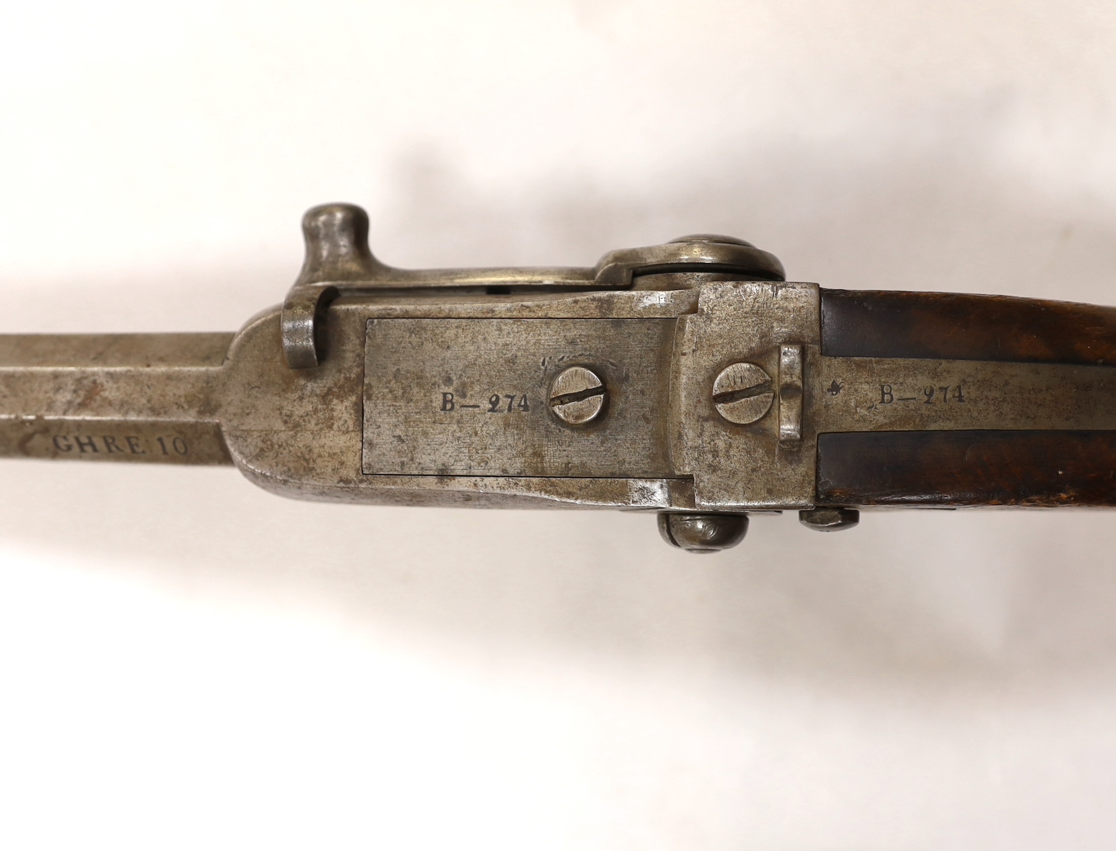 A Regulation Danish breech-loading, under hammer percussion military pistol, octagonal twist barrel, breach stamped B–274 barrel stamped GHRE:10 and cipher of Christian VIII of Denmark and stamped for model M-1841 and B-